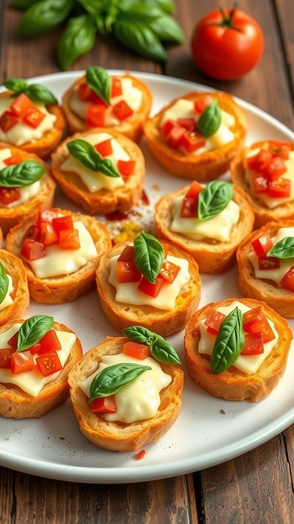 A close-up of sourdough bread appetizer bites with cheese and tomatoes, garnished with basil on a wooden table.